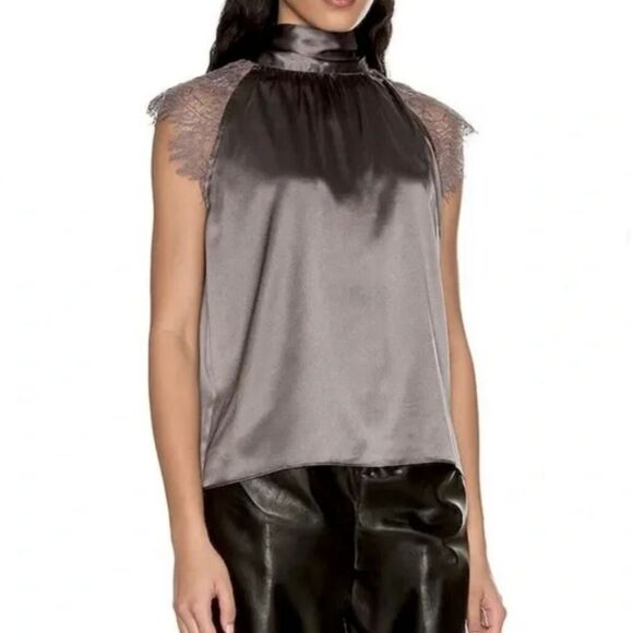 Joie‎ NWT Gray Satin Tie Back Mockneck Halter Lace Cap Sleeve Top Extra Small - Picture 1 of 10